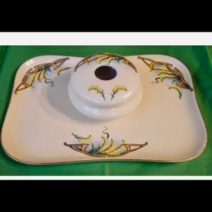 Art Deco Limoges hand panted hair receiver & tray